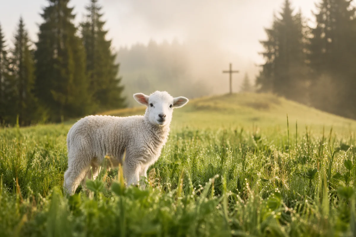 White Lamb in Evergreen Meadow Light