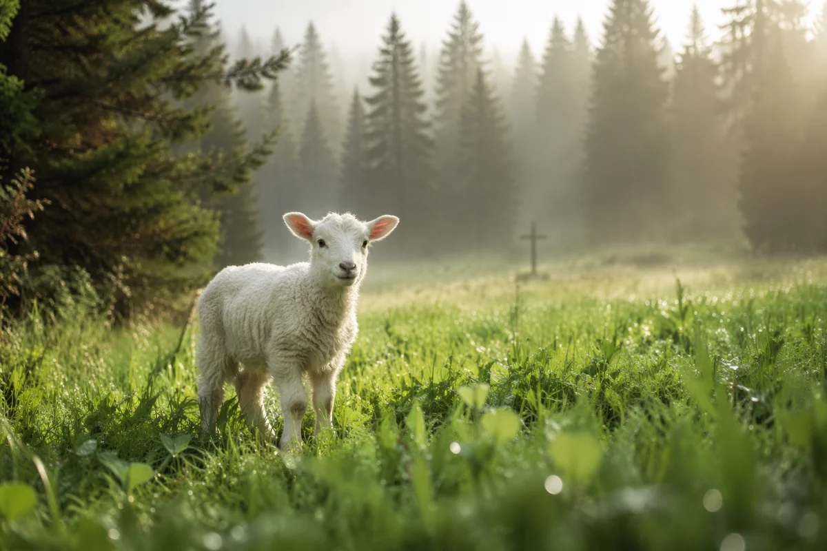 White Lamb in Misty Evergreen Meadow