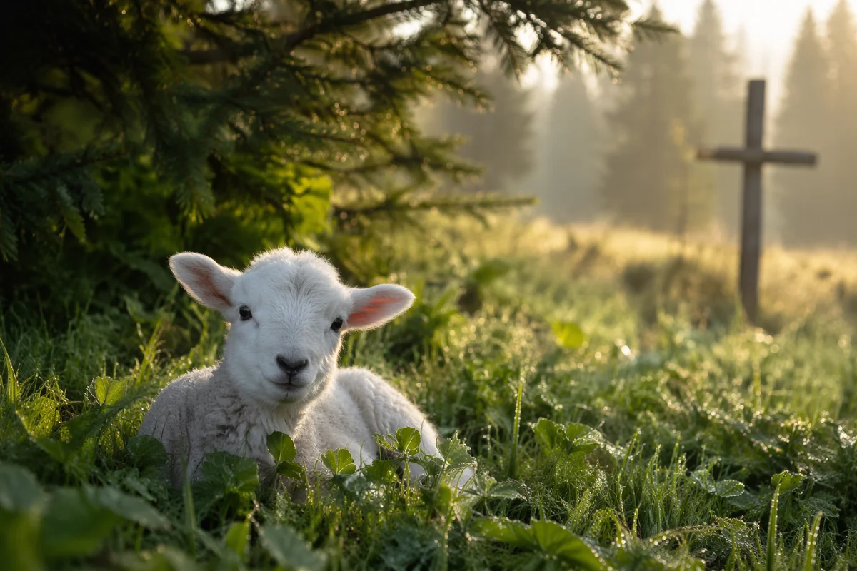 White Lamb in Evergreen Meadow Light