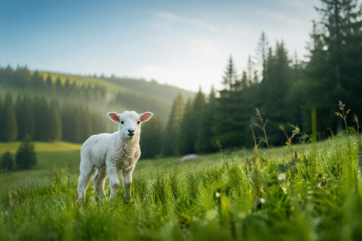 Gentle Lamb in Evergreen Meadow Light