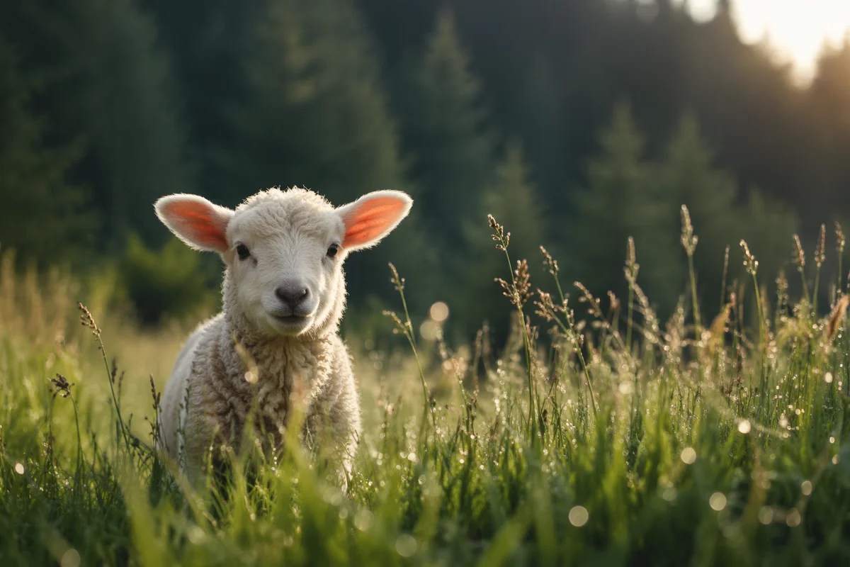 Gentle Lamb in Sunlit Evergreen Meadow