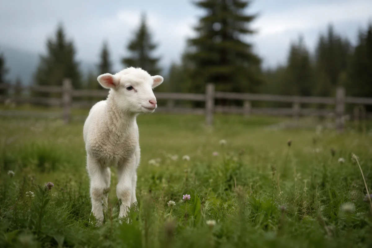 White Lamb in Evergreen Meadow Light