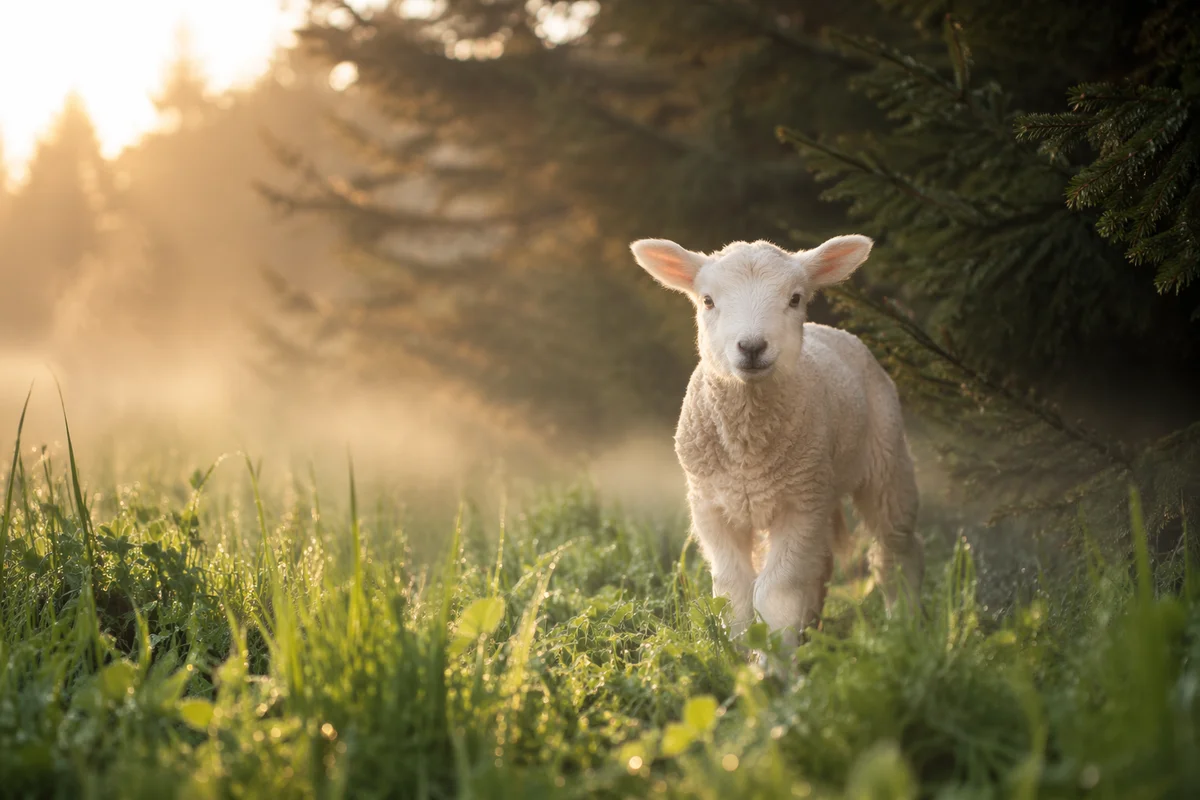 Gentle Lamb in Evergreen Meadow Light