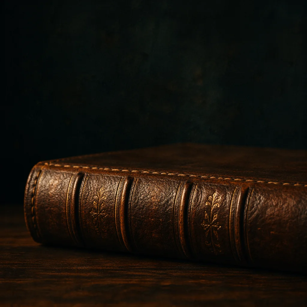 Brown Leather Bible on Dark Wood