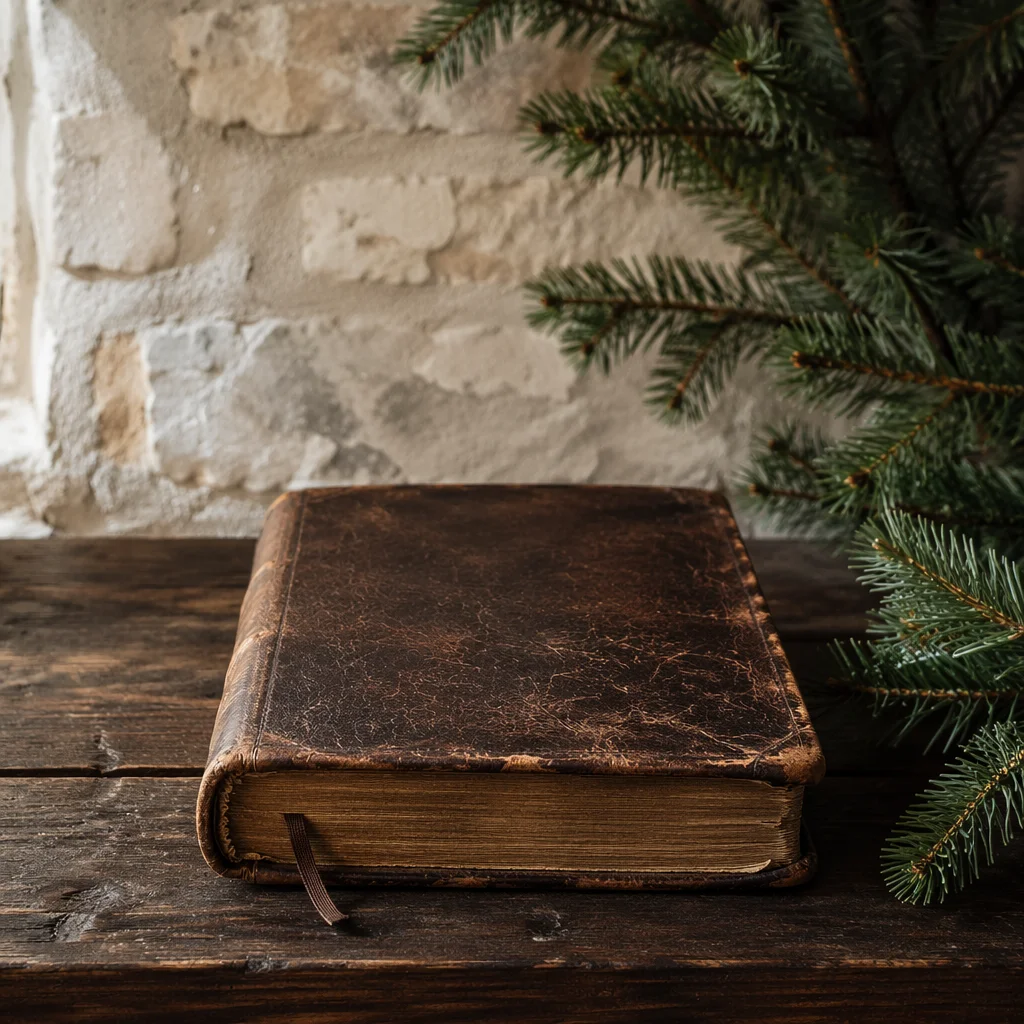 Weathered Leather Bible on Dark Walnut
