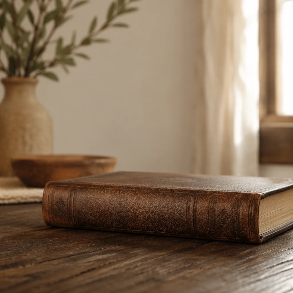 Leather Bible on Dark Walnut Table