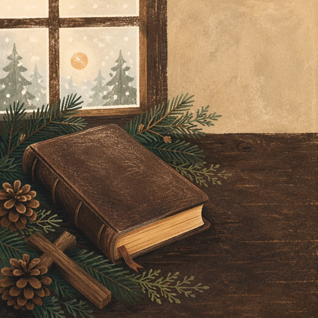 Leather Bible with Evergreen on Walnut Table