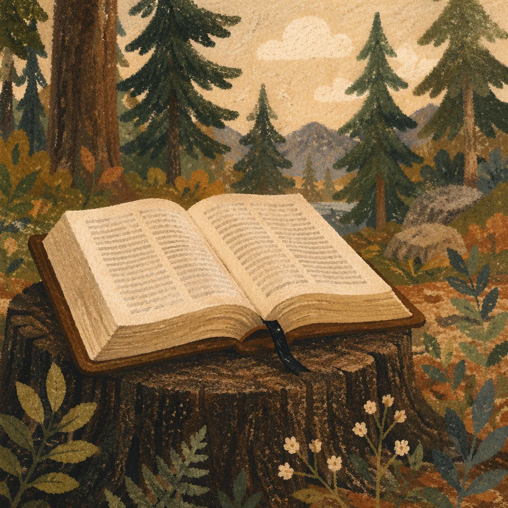 Open Leather Bible in Evergreen Forest