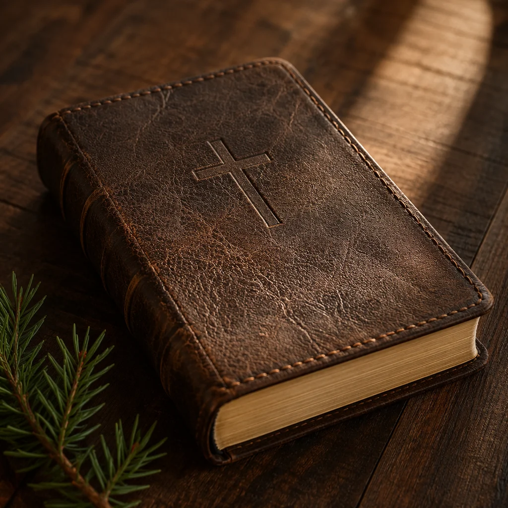 Leather Bible on Dark Walnut Table