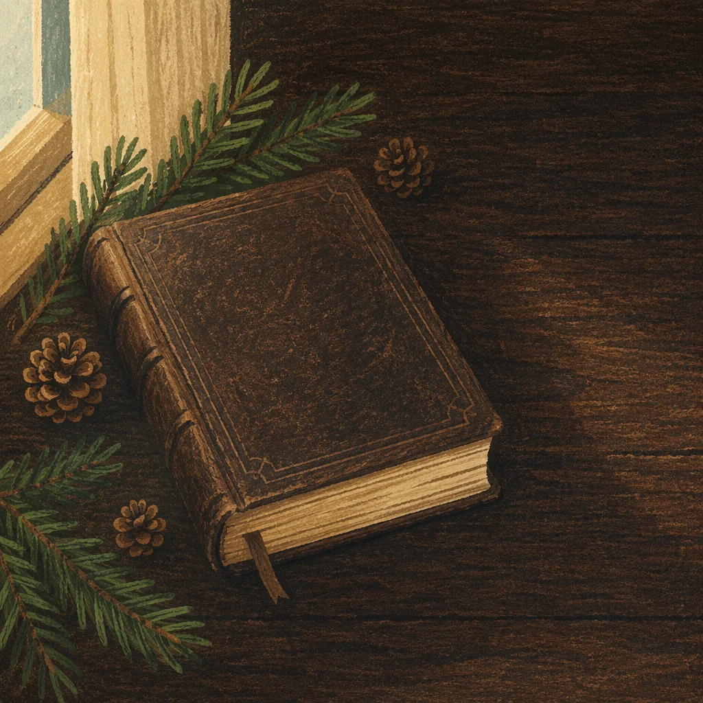 Leather Bible with Evergreen on Dark Wood