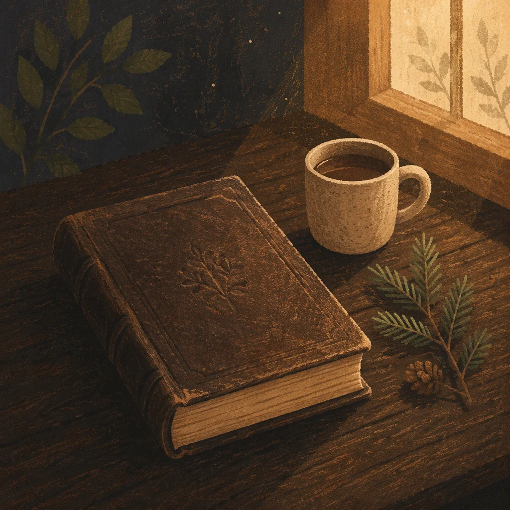 Worn Leather Bible on Walnut Table