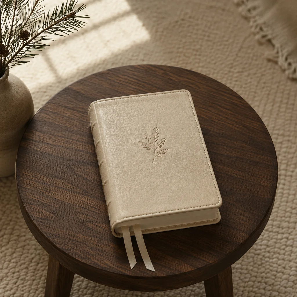 Evergreen Leather Bible on Walnut Table