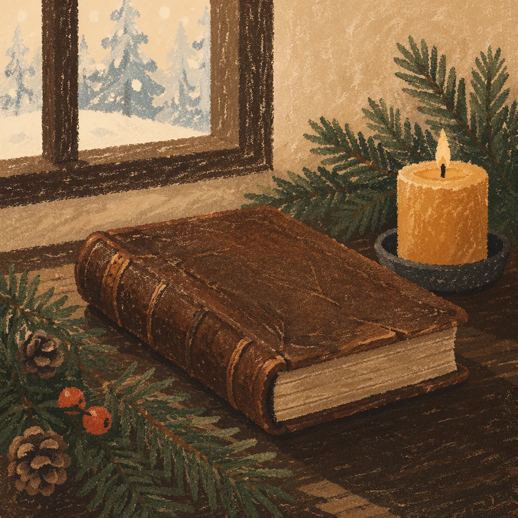 Leather Bible with Evergreen on Walnut Table