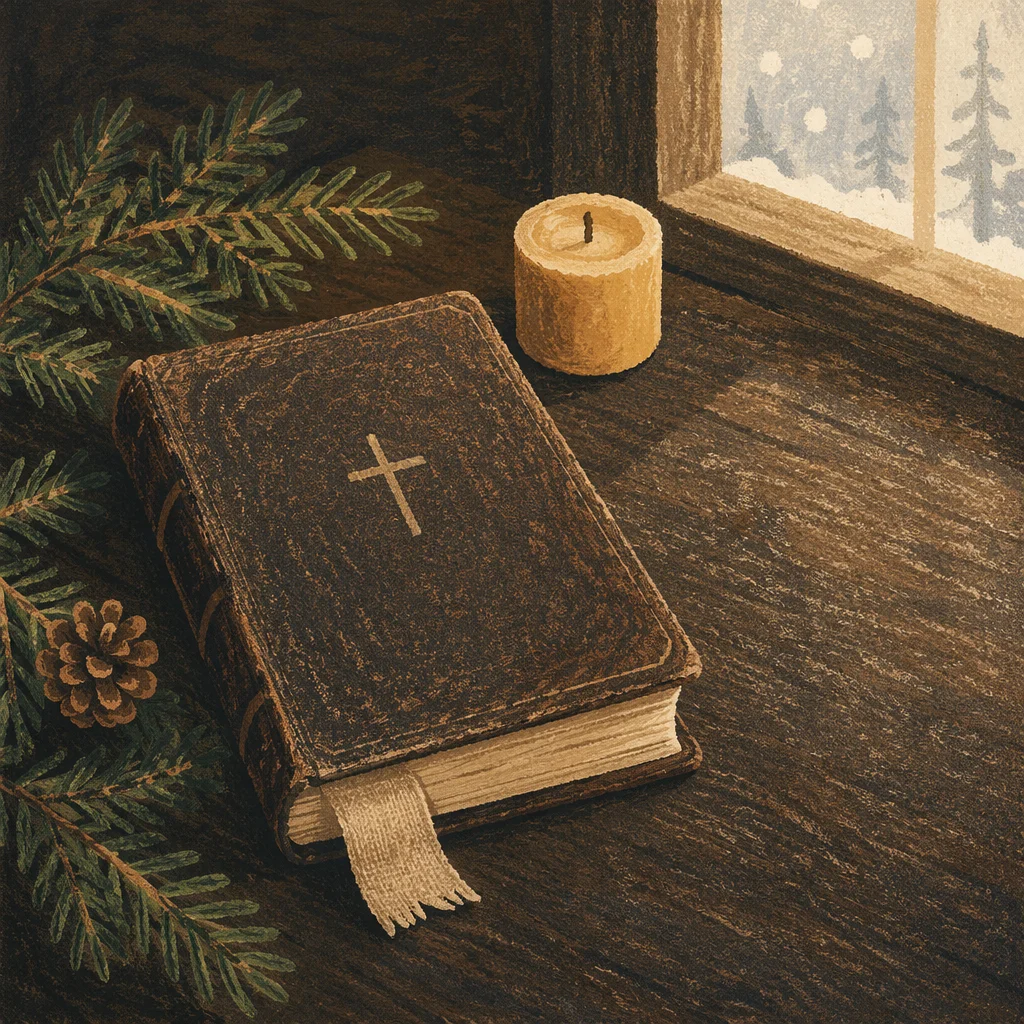Leather Bible with Evergreen on Dark Wood