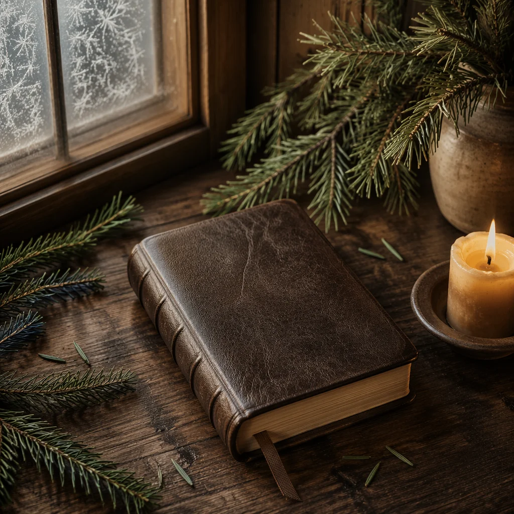 Leather Bible with Evergreen and Candlelight