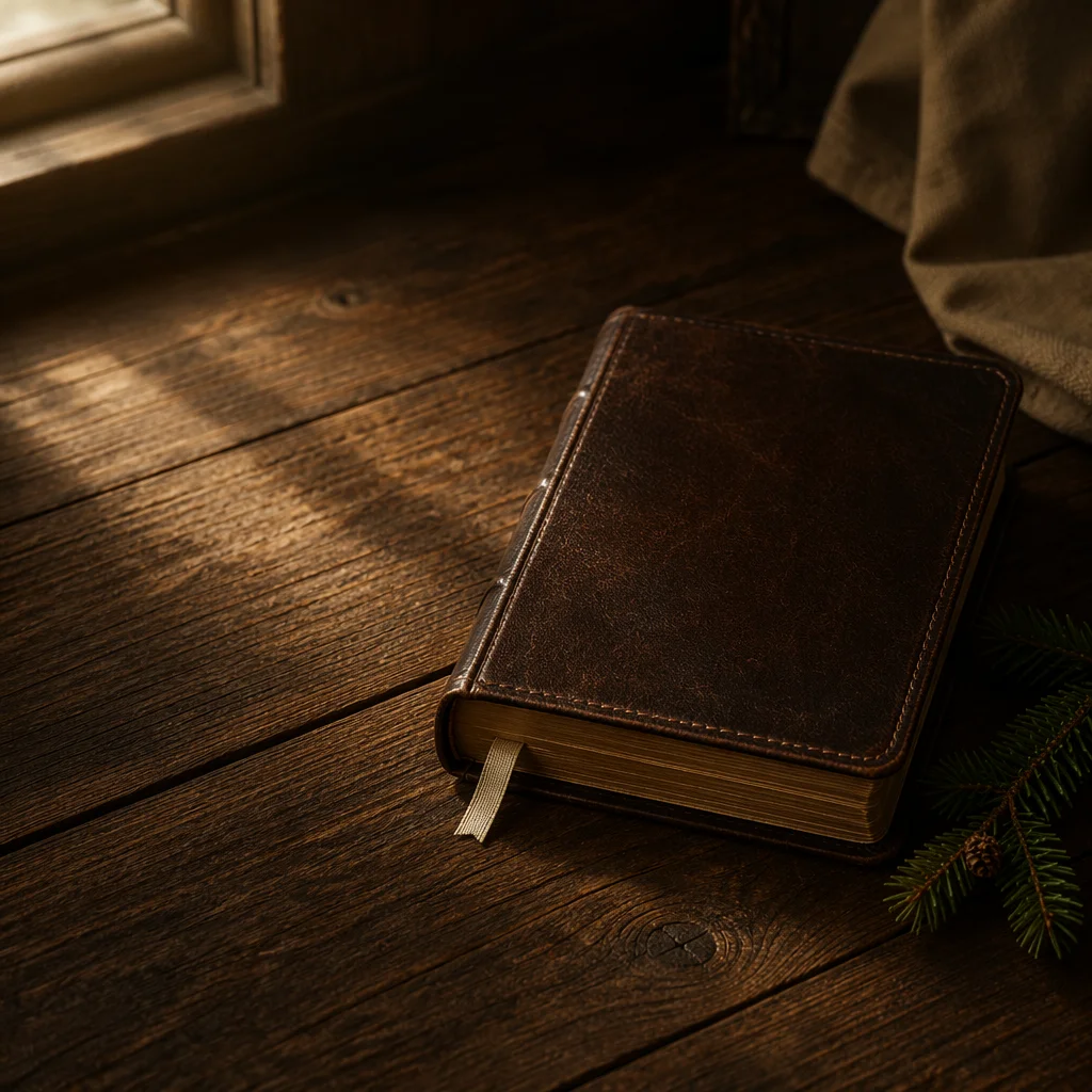 Leather Bible with Evergreen on Dark Wood