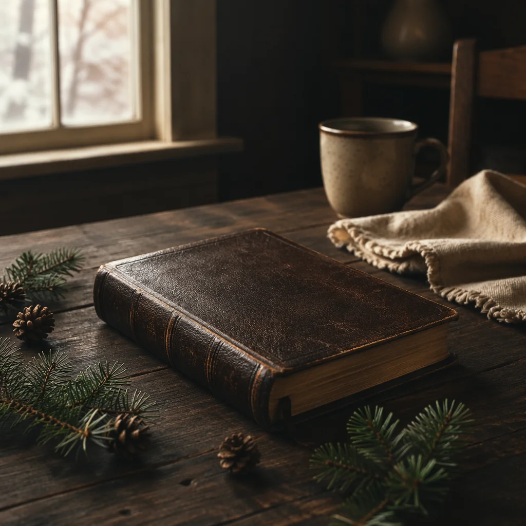 Leather Bible with Evergreen on Walnut Table