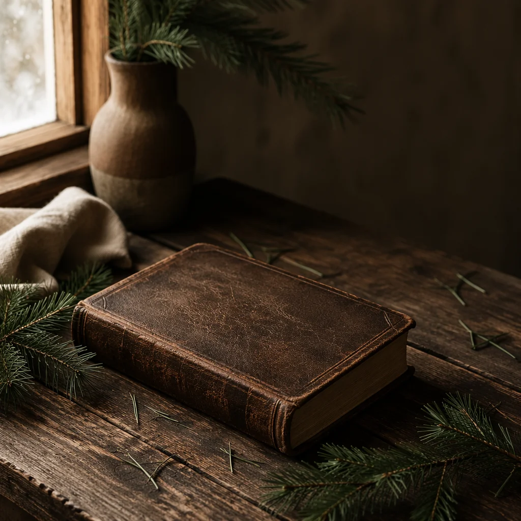 Leather Bible with Evergreen on Dark Wood