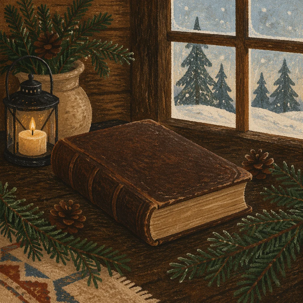 Leather Bible with Evergreen on Dark Wood