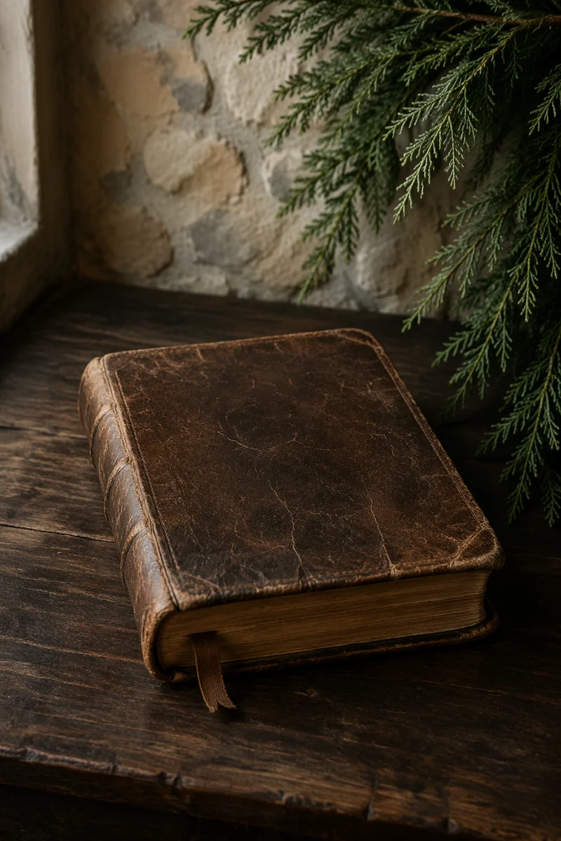 Weathered Leather Bible with Evergreen Branches