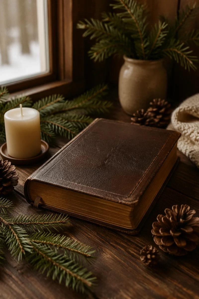 Leather Bible with Evergreen on Wood