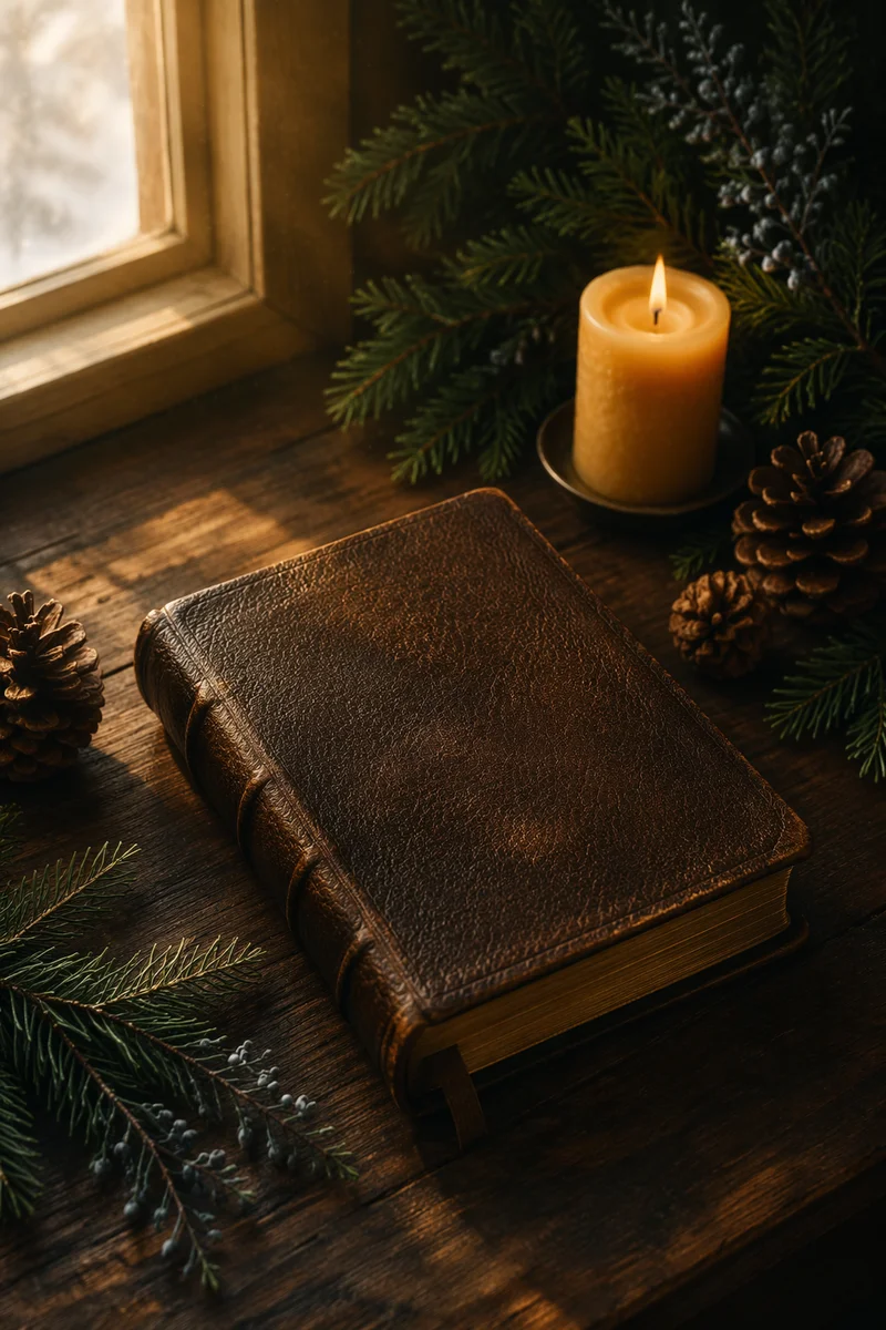 Worn Leather Bible with Evergreen Sprigs