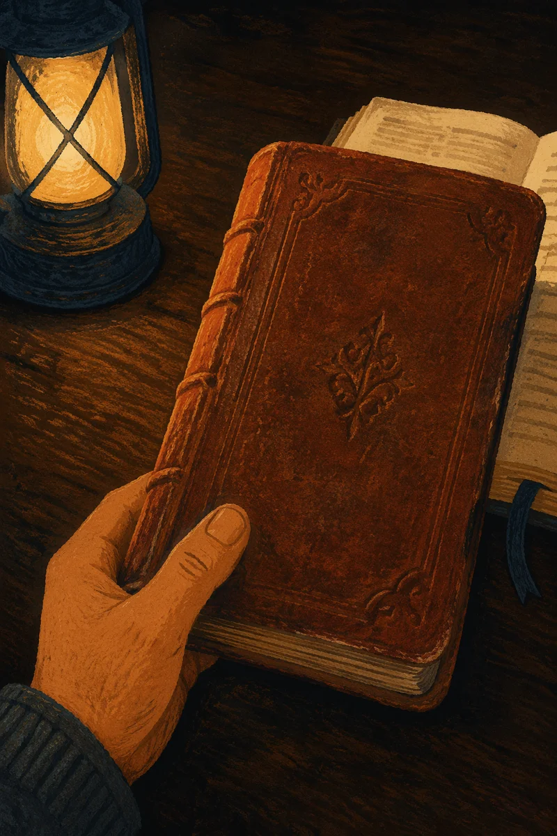 Worn Leather Bible on Dark Walnut Table