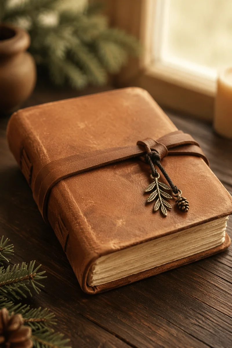 Leather Bible on Dark Walnut Table