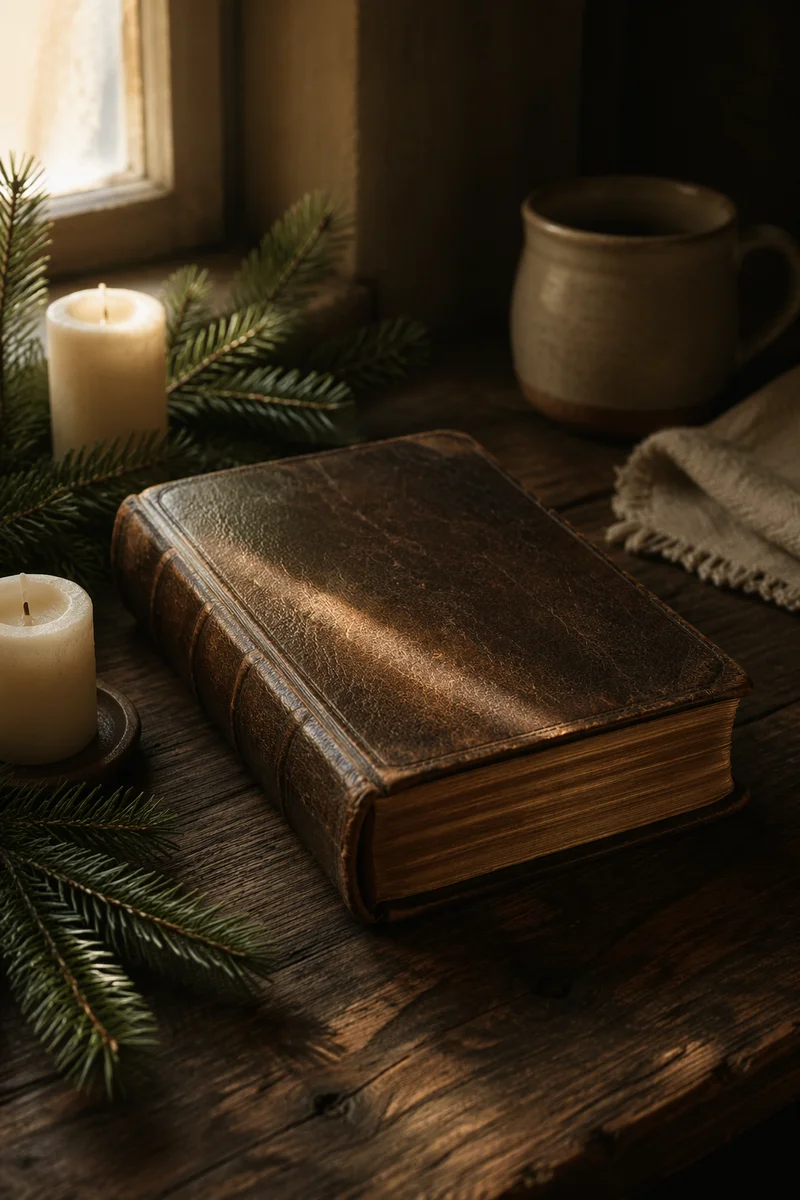 Leather Bible with Evergreen and Candlelight