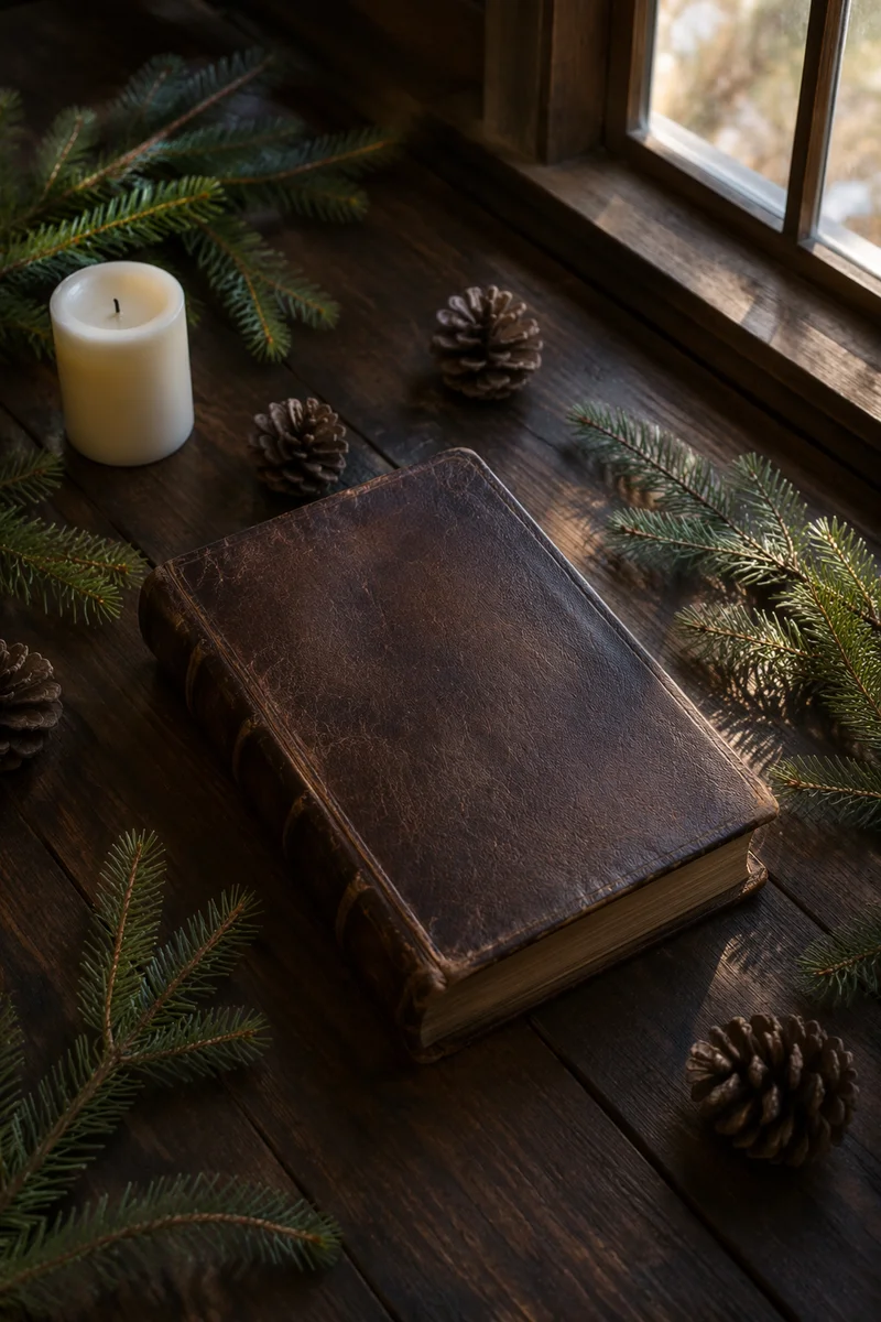 Leather Bible with Evergreen on Dark Wood