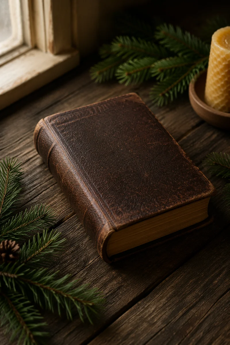 Leather Bible with Evergreen on Dark Wood