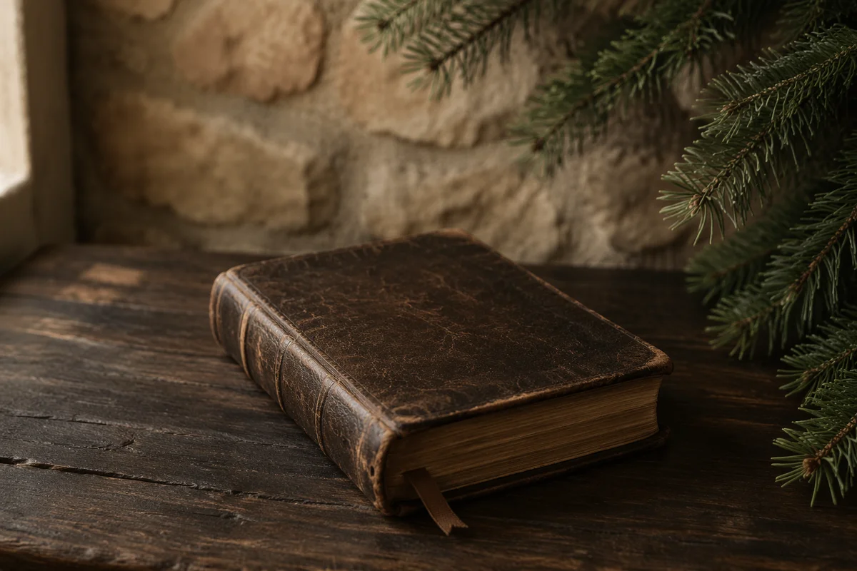 Weathered Leather Bible on Rustic Walnut