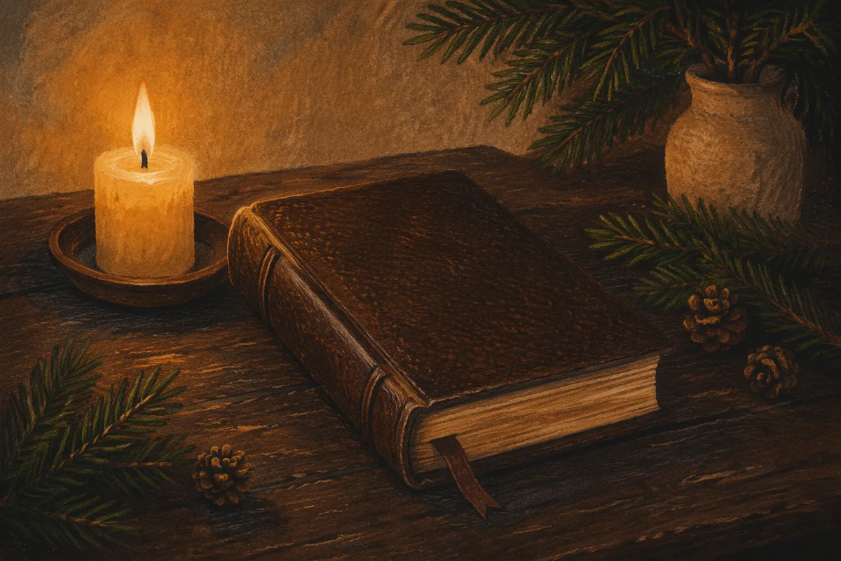 Leather Bible with Evergreen on Dark Wood