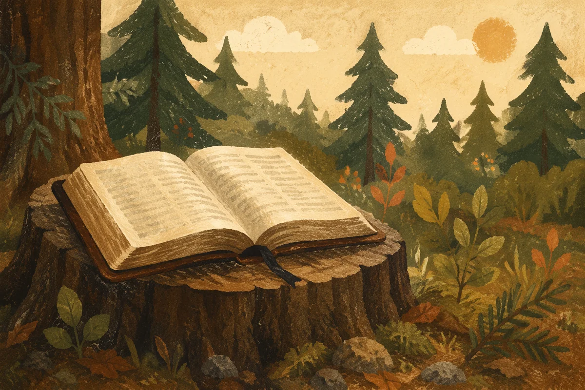 Open Leather Bible on Evergreen Forest Stump