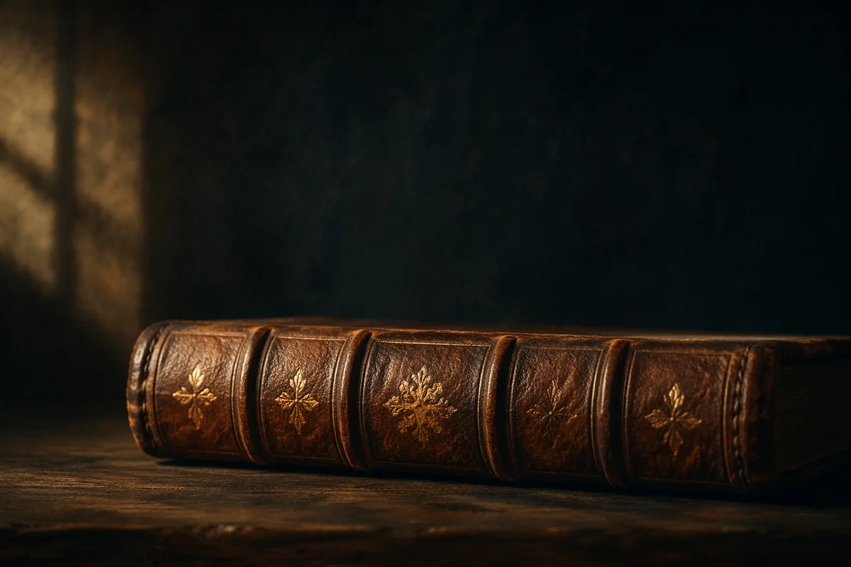 Leather Bible on Dark Wooden Table