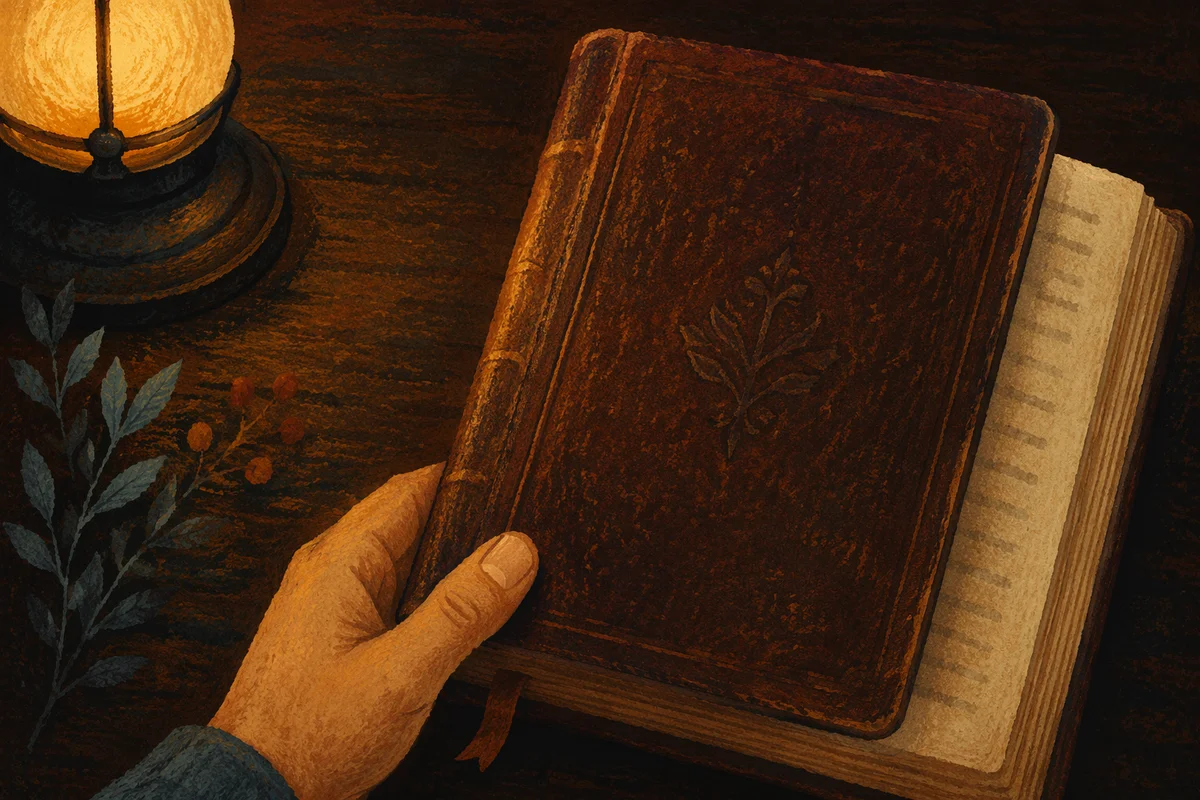 Leather Bible on Dark Walnut Table