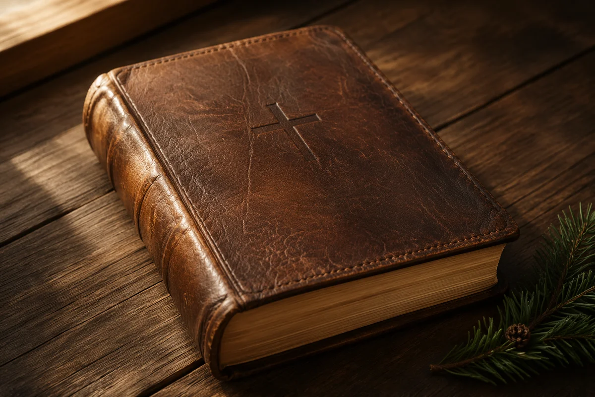 Leather Bible on Dark Walnut Table