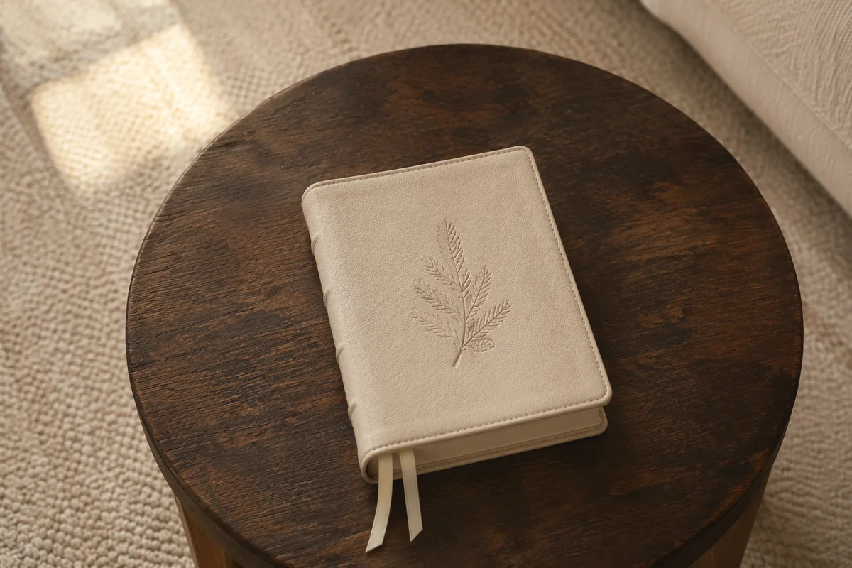 Leather Bible on Dark Walnut Table