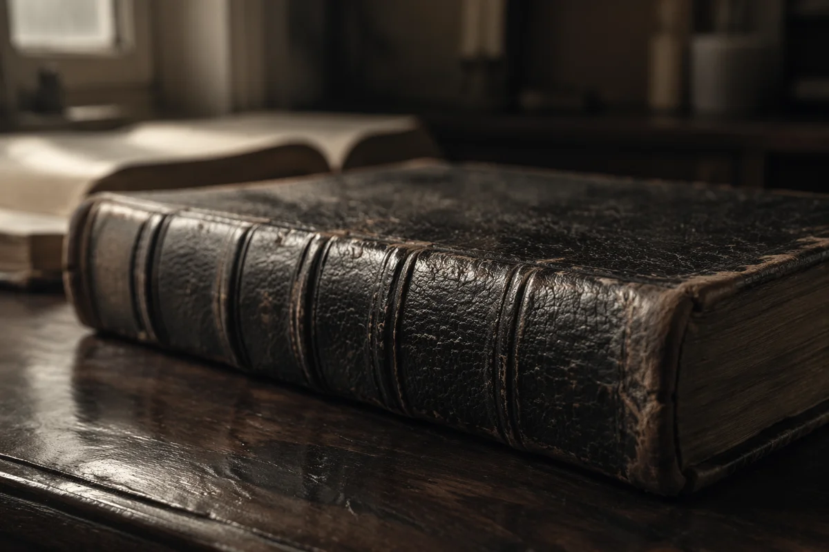 Antique Leather Bible on Dark Wood