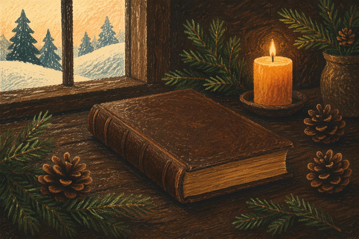 Leather Bible with Evergreen on Dark Wood