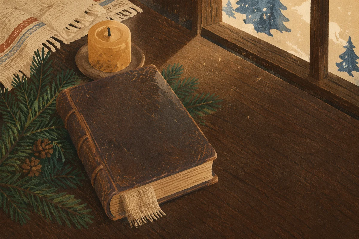 Leather Bible with Evergreen on Dark Wood