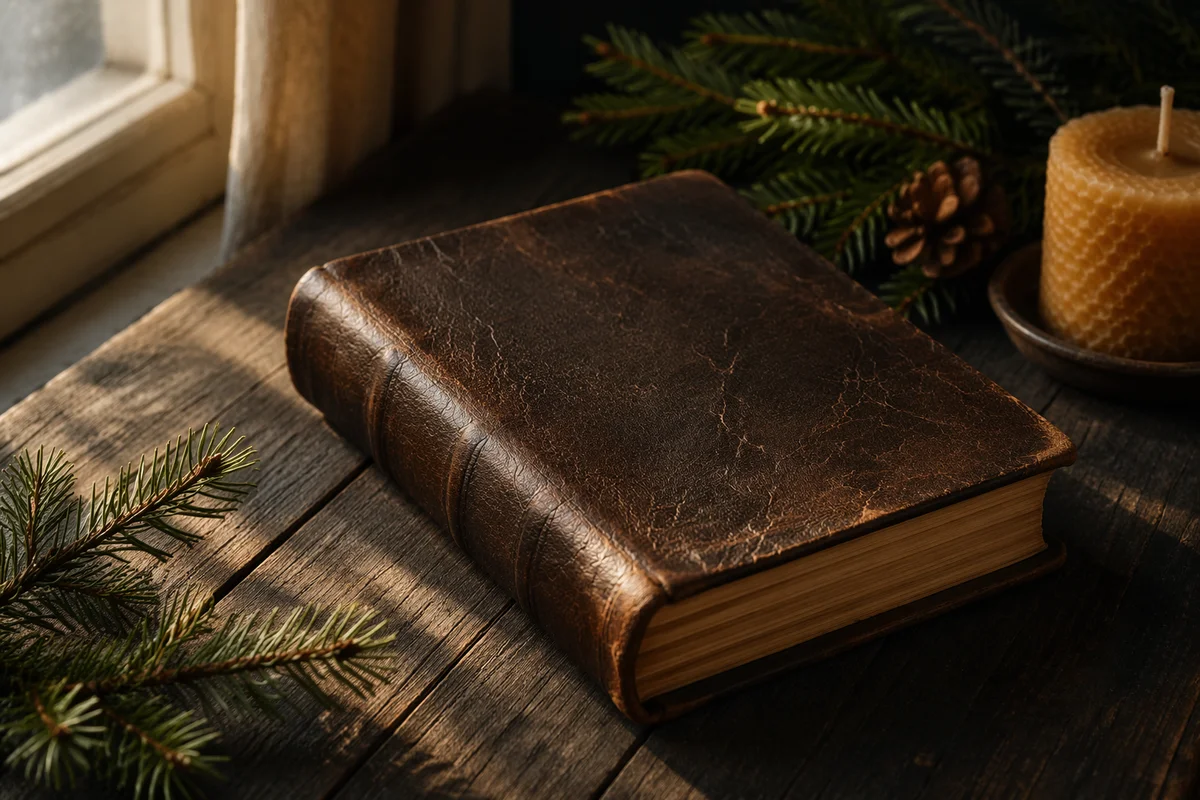 Leather Bible with Evergreen on Dark Wood