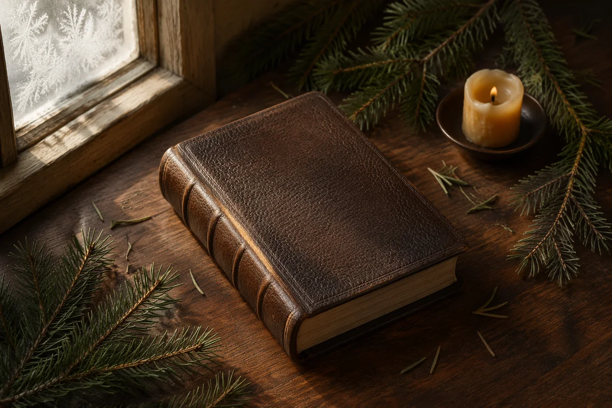 Leather Bible With Evergreen on Walnut Table