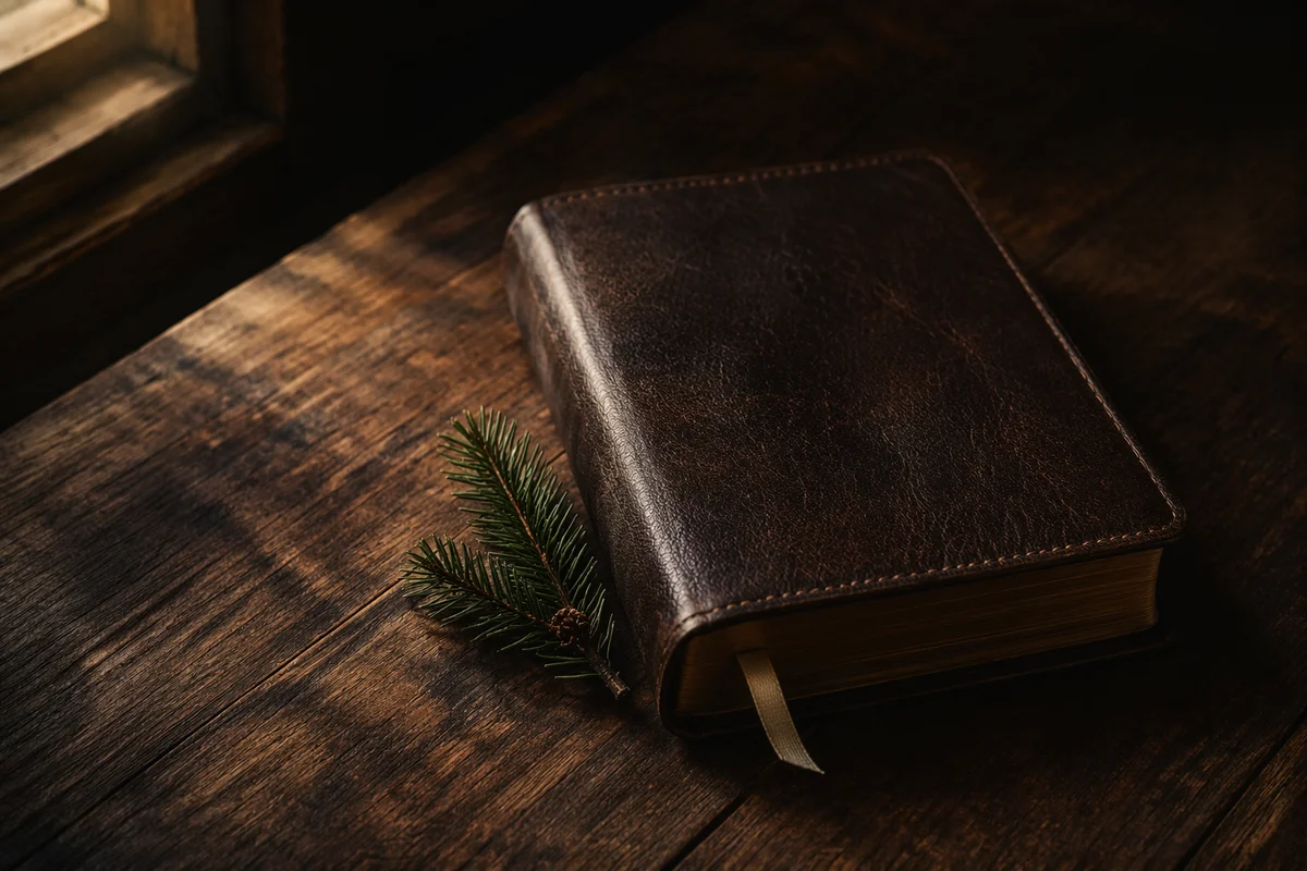 Leather Bible with Evergreen on Dark Wood
