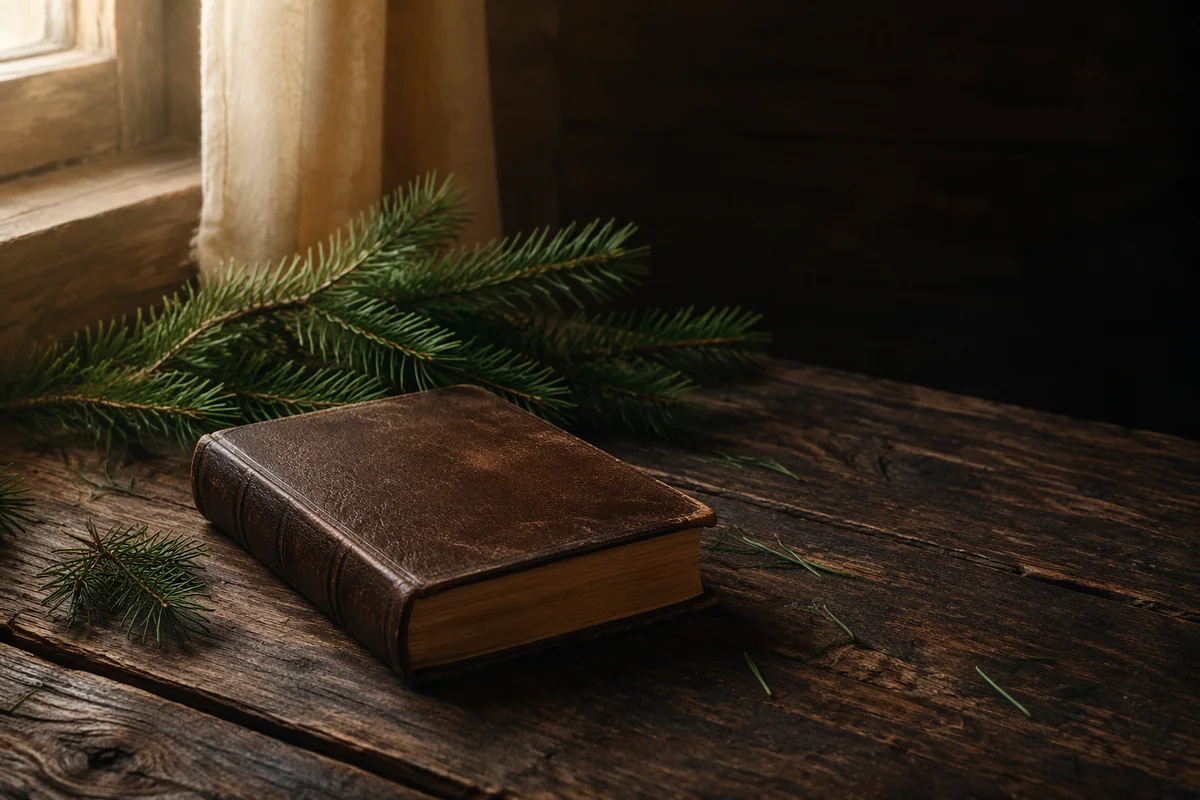 Leather Bible with Evergreen on Rustic Wood