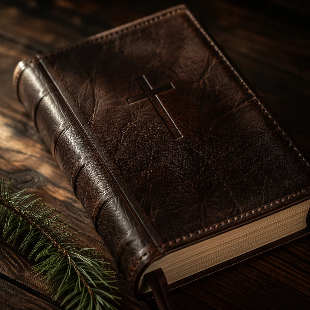 Leather Bible on Dark Walnut Table