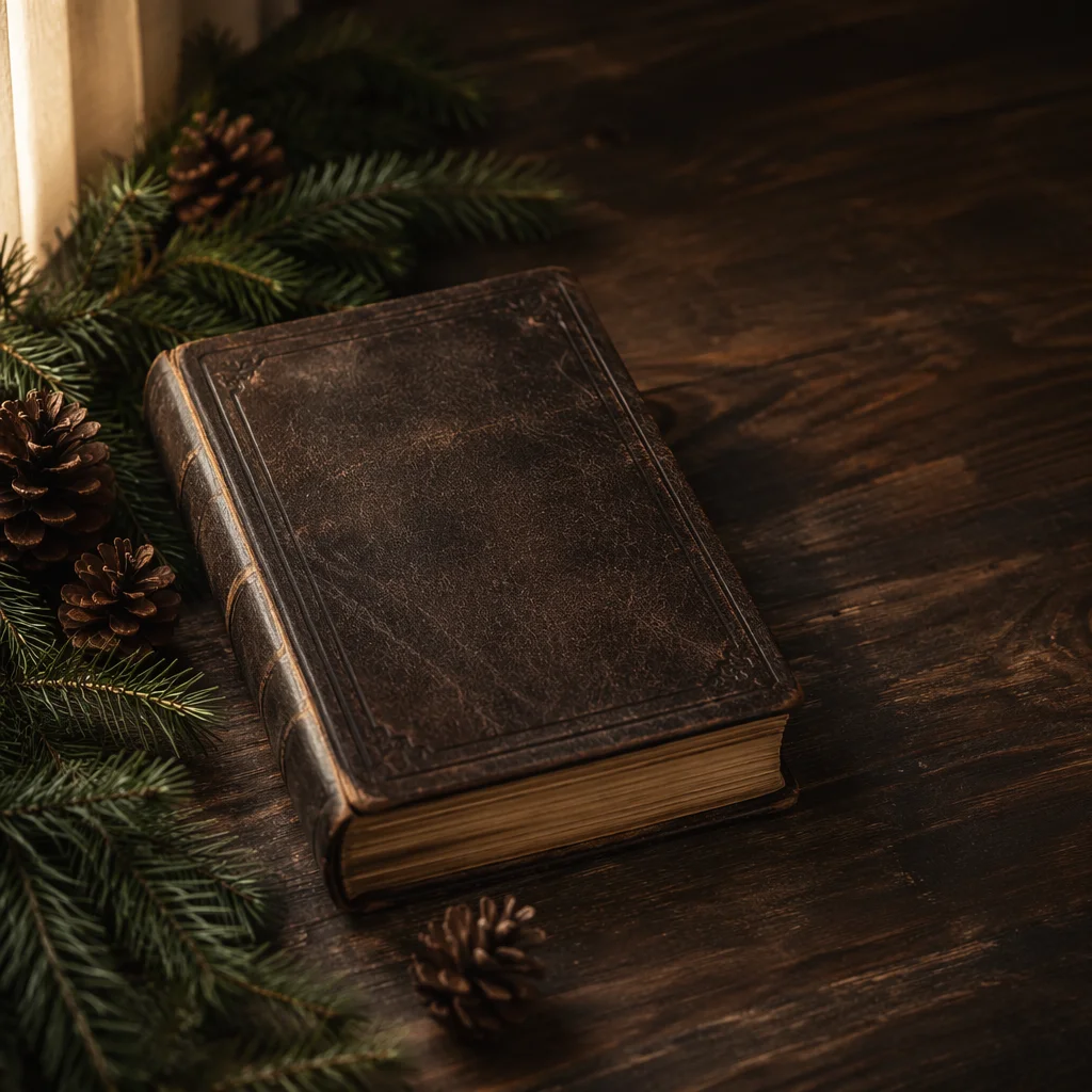 Leather Bible with Evergreen on Dark Wood