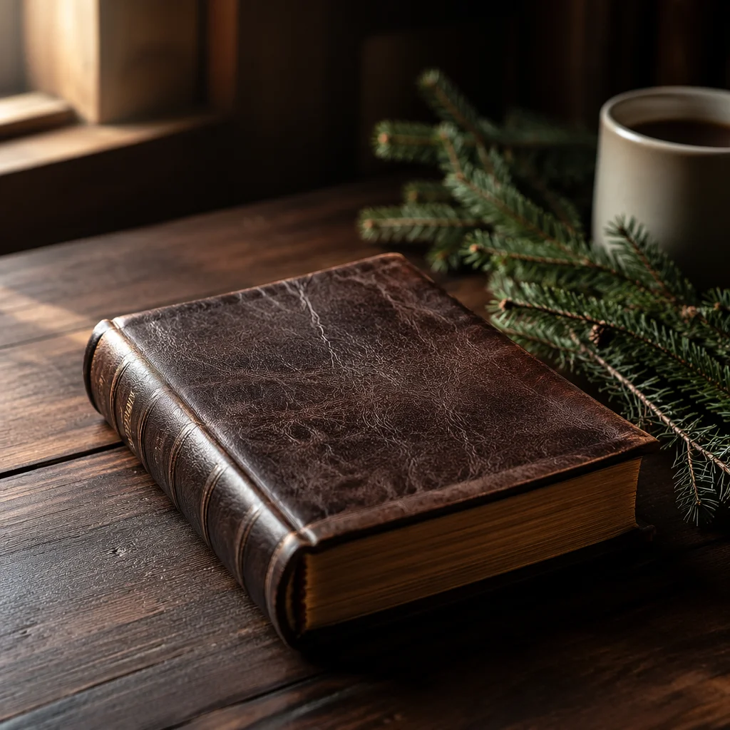 Worn Leather Bible on Dark Walnut Table