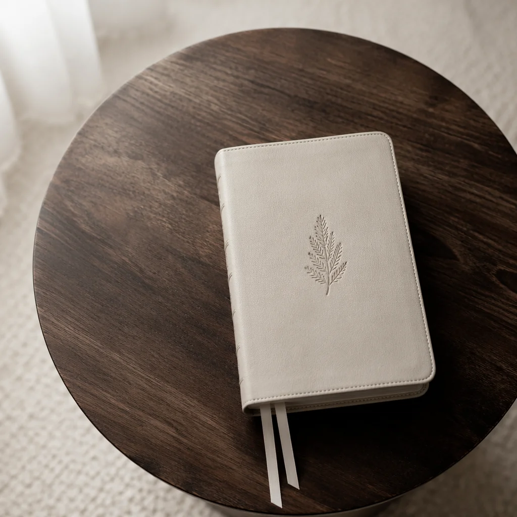 Leather Bible on Dark Walnut Table