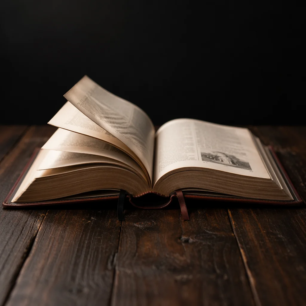 Open Leather Bible on Dark Wood
